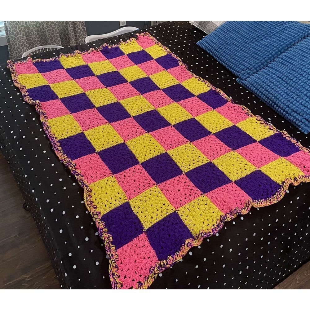 Handmade Crochet Checkerboard Blanket‎ Pink Purple Yellow Retro Throw 47x68